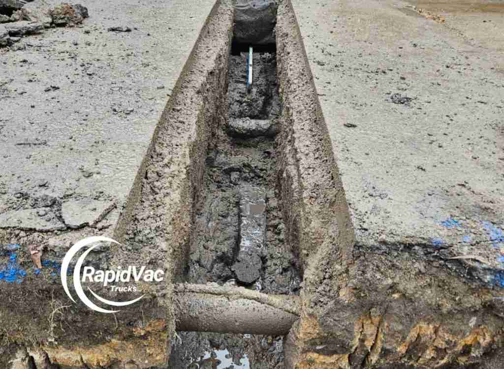 Hydro vacuum excavation truck exposing underground pipes safely.